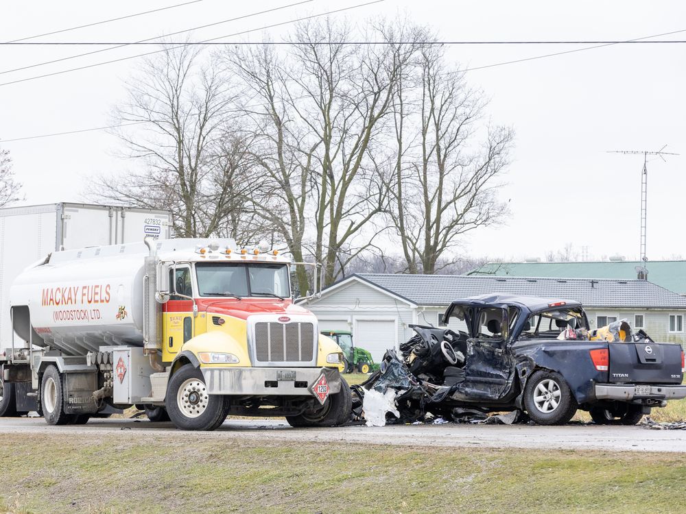 The driver of this pickup truck was taken to hospital following a collision involving a fuel tanker and a transport truck at the intersection of Road 84 and 37th line in Zorra Township in rural Oxford County on Monday December 16, 2024. (Derek Ruttan/The London Free Press)