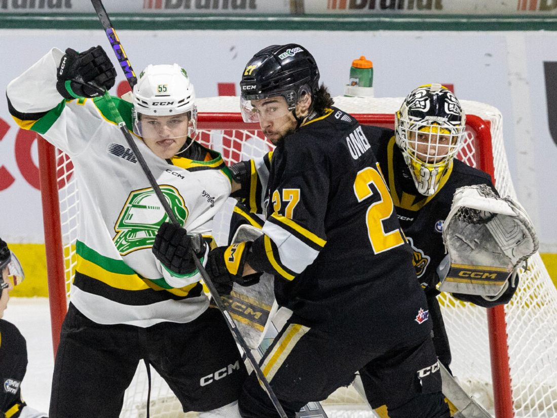 Sarnia Sting goalie Nick Surzycia peeks around teammate Nathan Omeri and London Knights player Rene Van Bommel during their OHL game at Canada Life Place in London on Friday December 20, 2024. Derek Ruttan/The London Free Press/Postmedia Network
