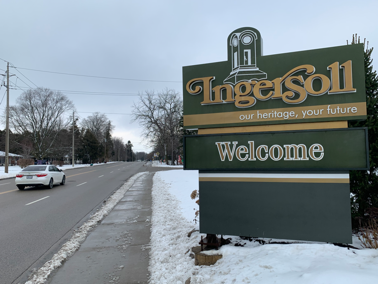 A sign welcomes drivers to the Oxford County town of Ingersoll. Photo taken on Dec. 24, 2024. (Brian Williams/The London Free Press)