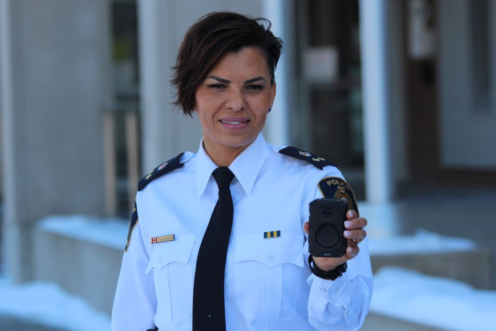  Some London police officers are now wearing body cameras, like the one shown here by deputy chief Treena MacSween. (Dale Carruthers/The London Free Press)