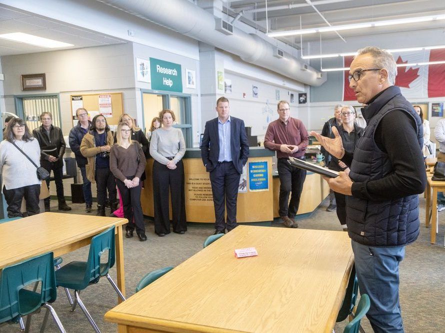 Gabe Pizzuti, chair of the London District Catholic school board, speaks at the official opening of the SC Skilled Trade Hub at Holy Cross Catholic secondary school in Strathroy on Wednesday, Feb. 19, 2025. (Derek Ruttan/The London Free Press)