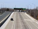 Vehicles approach the Blue Water Bridge on Highway 402 West in Sarnia on April 4, 2025. (Terry Bridge/Postmedia Network)