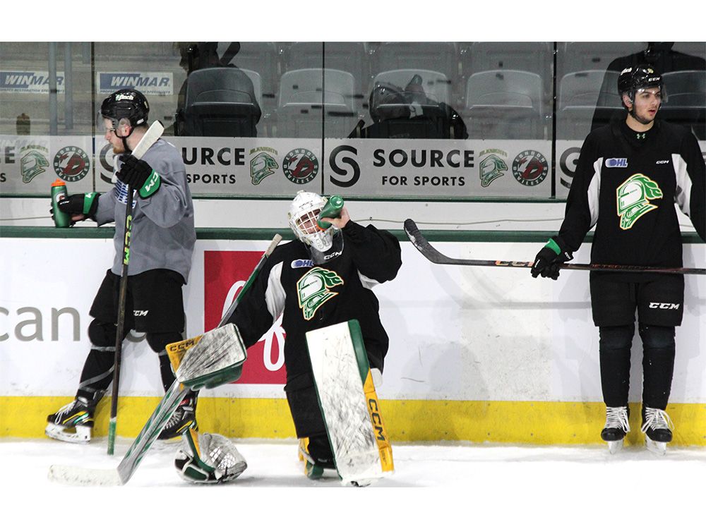 London Knights players Ryder Boulton, left, Austin Elliott and Andoni Fimis practise at Canada Life Place on Wednesday. The Knights open their second-round Ontario Hockey League playoff series against the Erie Otters Thursday at Canada Life Place. (Dale Carruthers/The London Free Press)
