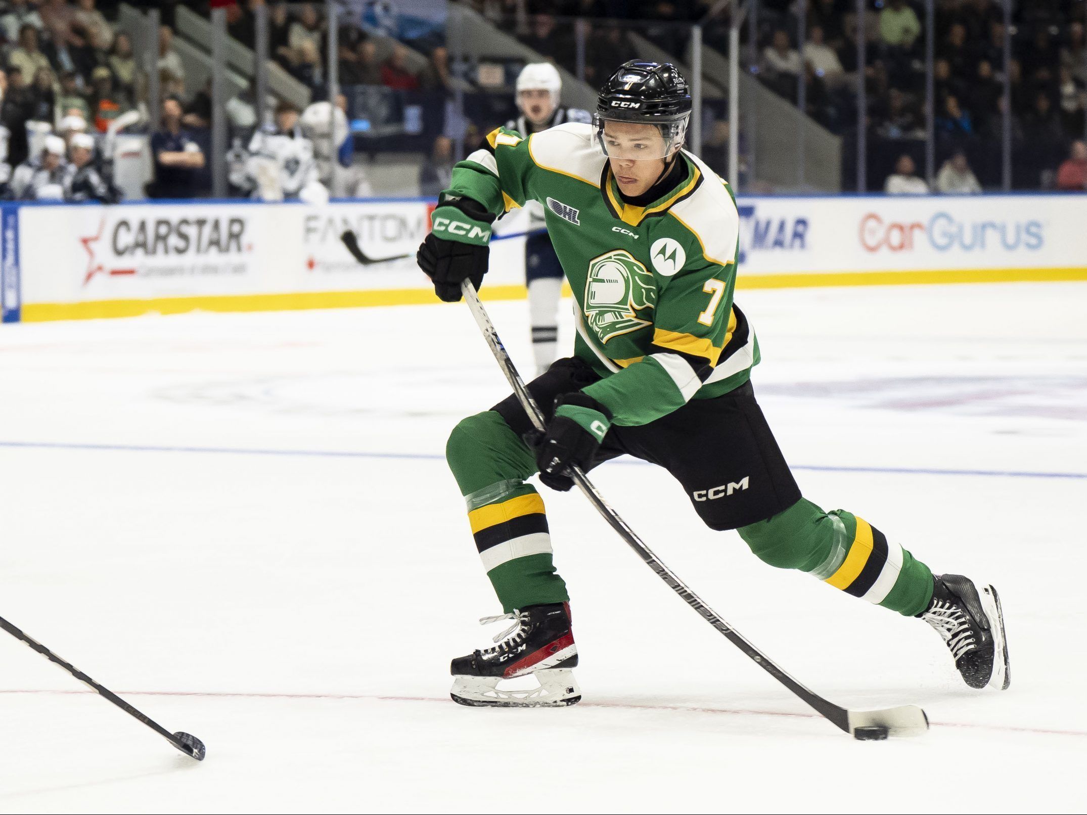 London Knights forward Easton Cowan takes a shot during their game against the Rimouski Oceanic at the Memorial Cup in Rimouski, Que., on Sunday, May 25, 2025. (Christopher Katsarov/ The Canadian Press)