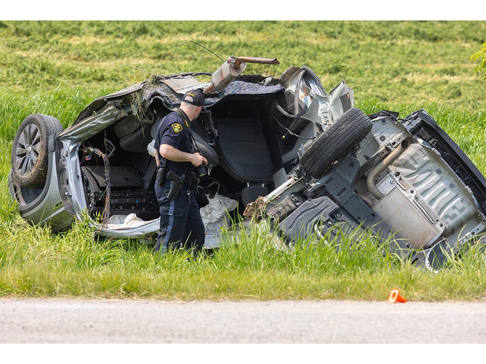One person was killed and a second was flown to hospital after a crash between a delivery vehicle and a passenger vehicle at Road 84 and 31st Line in Zorra Township. Photo taken on June 3, 2025. (Mike Hensen/The London Free Press)