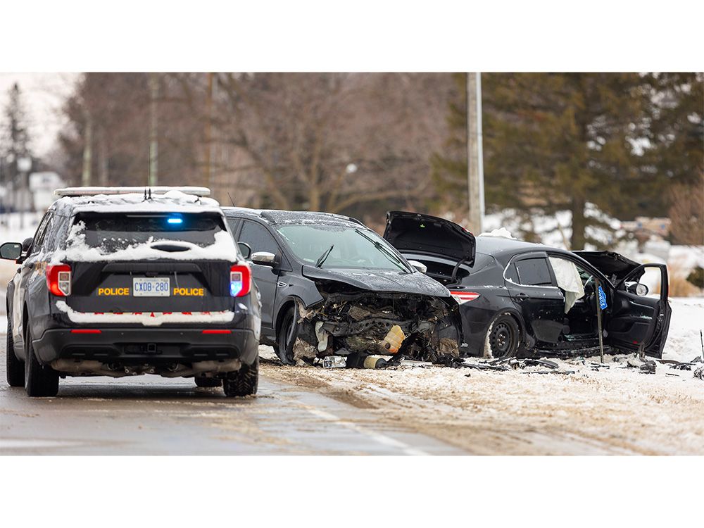 One person was taken to hospital with serious injuries after a two-vehicle collision north of London, police say.