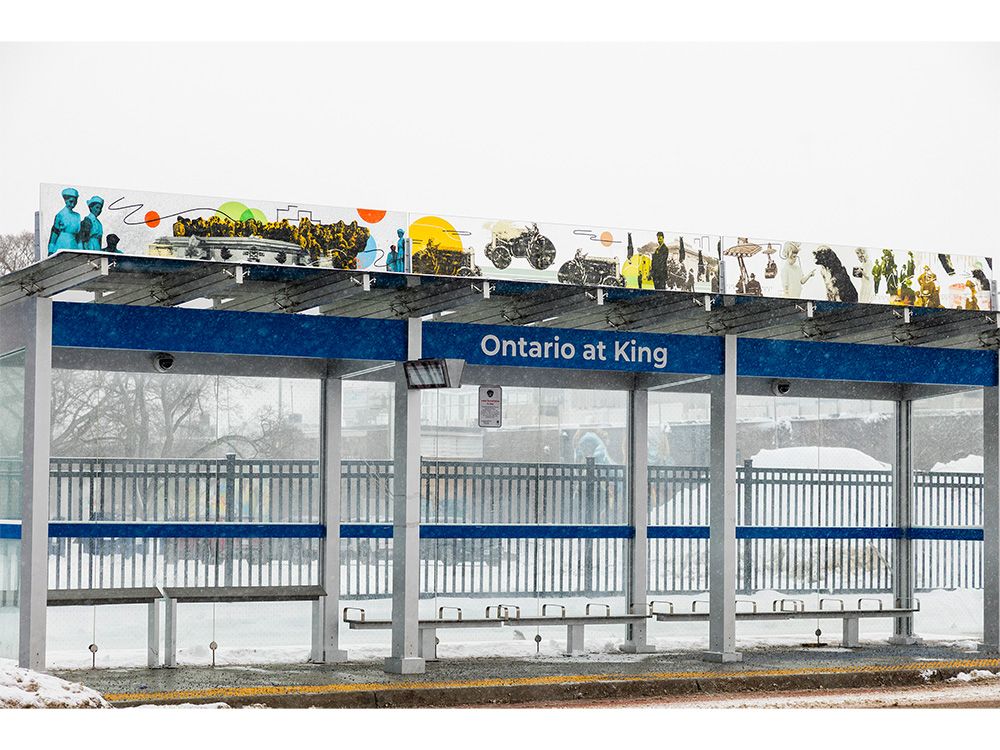 Despite a crack complicating the process, city hall has installed the first of many public art pieces on London's bus rapid transit shelters