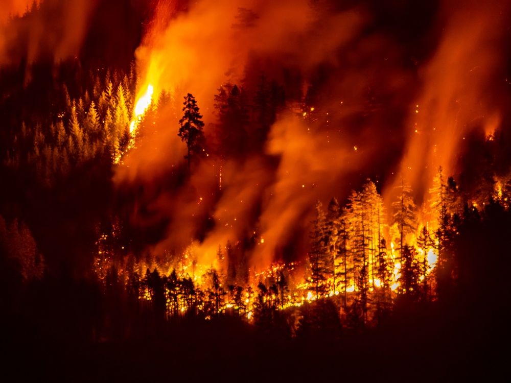 wildfire burns on Mount Underwood near Port Alberni, on Vancouver Island, British Columbia