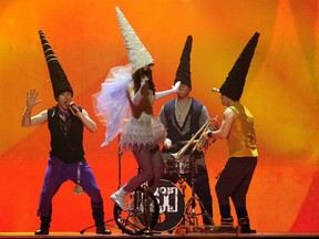 Zdob si Zdub representing Moldova perform their song "So Lucky" during the Grand Final of the 56th Eurovision Song Contest in the Fortuna Arena in Duesseldorf, western Germany, on May 14, 2011. 25 nations participate in Europe's cherished Eurovision Song Contest, the pop extravaganza now in its sixth decade, watched by 35,000 people inside the German city's sports stadium and by tens of millions of people live on television throughout Europe and beyond.   ( JOHN MACDOUGALL/AFP/Getty Images)