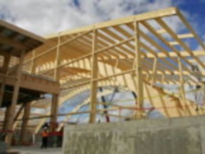 The Coalition Bois Québec, created to promote the use of wood as a building material, was launched at the wood sports facility under construction at CEGEP Marie Victorin. CREDIT: GAZETTE Marie-France Coallier