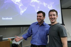 Facebook CEO Mark Zuckerberg (R) and Skype CEO Tony Bates (L) embrace during a news conference at Facebook headquarters July 6, 2011 in Palo Alto, California. Zuckerberg announced new features that are coming to Facebook including video chat and a group chat feature. (Photo by Justin Sullivan/Getty Images)