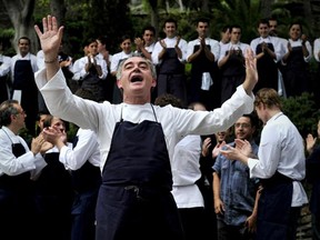 Spanish chef Ferran Adria gestues during a press show before his a last dinner at El Bulli restaurant in Roses, northern Spain. elBulli, the beachside Spanish restaurant repeatedly crowned the world's best, will close on July 30, 2011 after pushing the boundaries of cuisine for more than two decades under chef Ferran Adria, and will re-open in 2014 as a non-profit culinary think tank that will investigate new cooking techniques and develop new flavours.  JOSEP LAGO/AFP/Getty Images)