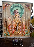The A’shop crew – (L to R) Fluke Art, Doryan ‘DoDo” Ose, Antonin Lambert, Bruno Rathbone and Guillaume Lapointe – stand before their completed NDG masterpiece “Our Lady of Grace” located at the corner of Sherbrooke Street West and Madison (Photo by Alexandre Bélaire, courtesy A’shop)