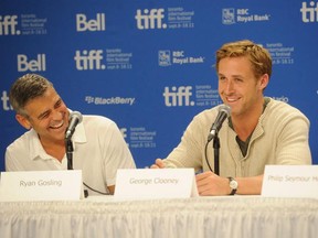 George Clooney, left,  and Ryan Gosling  at The Ides Of March press conference during 2011 Toronto International Film Festival, on September 9, 2011.  (Jason Merritt/Getty Images)
