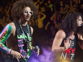 Redfoo (left) and Sky Blu of the American electro pop duo LMFAO perform in Montreal, Tuesday, November 14, 2011 at the Bell Centre. PHOTO by John Kenney of The Gazette.