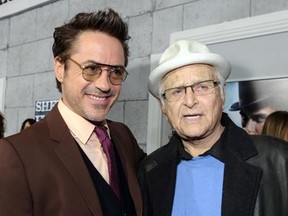 WESTWOOD, CA - DECEMBER 06:  Actor Robert Downey Jr. (L) and writer Norman Lear at the premiere of Sherlock Holmes: A Game Of Shadows at the Regency Village Theatre on December 6, 2011 in Westwood, California.  (Photo by Alberto E. Rodriguez/Getty Images)