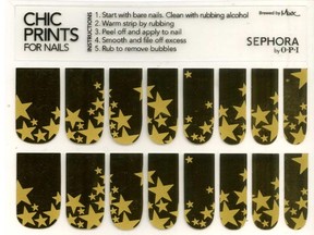 Scan of Chic Prints for Nails, by O-P-I, from Sephora.   The decorative prints are applied to finger nails instead of nail polish.  For Urban Expressions magazine.