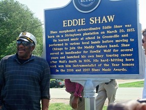 Blues legend Eddie Shaw - standing by hi smarker on the Mississippi Blues Trail - headlines Montreal's L'Astral nightclub on December 7 (Photo by Dom Forcella, courtesy Eddie Shaw)