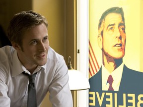 Ryan Gosling and a Shepard Fairey version of George Clooney in The Ides of March