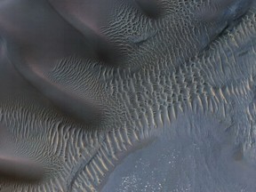 This image obtained from NASA on February 1, 2012 shows an enhanced-color image of sand dunes trapped in an impact crater in Noachis Terra, Mars. Dunes and sand ripples of various shapes and sizes display the natural beauty created by physical processes. The area covered in the image is about six-tenths of a mile (1 kilometer) across. Sand dunes are among the most widespread wind-formed features on Mars. Their distribution and shapes are affected by changes in wind direction and wind strength. Patterns of dune erosion and deposition provide insight into the sedimentary history of the surrounding terrain. The image is one product from an observation by the High Resolution Imaging Science Experiment (HiRISE) camera taken on November 29, 2011, at 42 degrees south latitude, 42 degrees east longitude. AFP PHOTO/NASA/JPL-CALTECH/UNIVERSITY OF ARIZONA