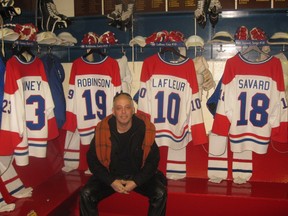 Bugs in the exact replica of the Habs old Montreal Forum dressing room, complete with jerseys, skates, pads and other equipment worn by the team’s legendary superstars, at the Hockey Hall of Fame in Toronto