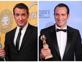 This combination of pictures created from AFP file images on February 20, 2012 shows French actor Jean Dujardin (from L) holding his British Academy Film Awards (BAFTA) award, his Screen Actors Guild award, his Golden Globe award and his Cannes' award, prizes won for best leading actor in the silent black and white movie The Artist. Dujardin's performance earned him a best actor nomination at the Oscar awards and the Cesar awards, the French counterpart of the Oscars. (AFP PHOTO/AFP/Getty Images)