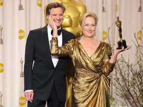 Actor Colin Firth (L) poses with actress Meryl Streep (R), winner of the Best Actress Award for The Iron Lady, in the press room at the 84th Annual Academy Awards on February 26, 2012 in Hollywood, California.  (Jason Merritt/Getty Images)