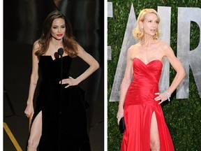 Angelina Jolie shows off her leg at the Academy Awards. (Kevin Winter/Getty Images) Later, actress Kelly Lynch shows hers at the 2012 Vanity Fair Oscar Party. (Pascal Le Segretain/Getty Images)