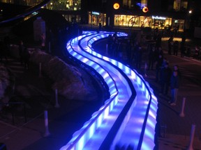 Montréal en lumièrel’s hugely popular, winding 110-metre-long (360”) incline urban slide is thrilling riders of all ages, at the Place des Festivals until February 26 (All photos and video by Richard Burnett)