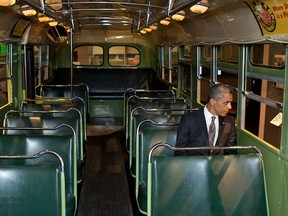 DEARBORN, MI - APRIL 19:  In this handout from The White House, US President Barack Obama sits on the famed Rosa Parks bus at the Henry Ford Museum following an event April 18, 2012 in Dearborn, Michigan.  (Photo by Pete Souza/White House Photo via Getty Images)