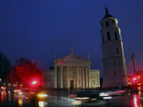 A picture taken on March 31, 2012 shows the Vilnius Cathedral with the lights switched off to mark the annual Earth Hour in Vilnius. Millions of people were expected to switch off their lights for Earth Hour on March 31 in a global effort to raise awareness about climate change that was even to be monitored from space. (PETRAS MALUKAS/AFP/Getty Images)