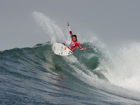 This handout photograph provided by the ASP and taken on April 3, 2012 shows Sally Fitzgibbons of Australia performing a top turn in her heat during the Rip Curl Bells Beach Pro in Torquay.  The Rip Curl Bells Beach Pro gets underway on April 2, 2012 .  ( Kirstin Scholtz/AFP/Getty Images)