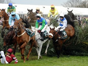 Jockey James Reveley (down) falls from Always Right at The Chair fence during the Grand National horse race at Aintree Racecourse in Liverpool, north-west England, on April 14, 2012. The annual three day meeting culminates in the Grand National which is run over a distance of four miles and four furlongs (7,242 metres), and is the biggest betting race in the United Kingdom. AFP PHOTO / PAUL ELLIS