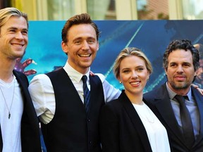 (L to R) Australian actor Chris Hemsworth, British actor Tom Hiddleston, U.S. actress Scarlett Johansson and U.S. actor Mark Ruffalo  pose during the photocall for The Avengers on April 21, 2012 in Rome. The Avengers is directed by Joss Whedon. (ALBERTO PIZZOLI/AFP/Getty Images)