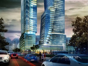 An artist's rendering for Metropolitan Parking's project to transform a downtown parking lot into a 38-storey condo tower and 32-storey mixed use rental/office building.