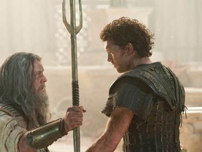 Danny Huston (left) somewhat dishevelled as Poseidon, and Sam Worthington, less so,  as Perseus in Wrath of the Titans, a 3D, special-effects laden film based on Greek mythology. Photo courtesy: Warner Bros. Pictures