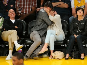 LOS ANGELES, CA - MAY 12:  Jessica Biel (R) and Justin Timberlake kiss at the Los Angeles Lakers and Denver Nuggets game 7 of the Western Conference Quarterfinals in the 2012 NBA Playoffs on May 12, 2012 at Staples Center in Los Angeles, California.  (Photo by Noel Vasquez/Getty Images)