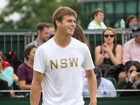 Harrison shares a laugh with Andy Roddick during practice at last year's Wimbledon (Open Court pic)