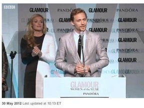 Screen grab of Tom Hiddleston accepting Man of the Year Award from Glamour Magazine (UK), comes from this BBC page:
:http://www.bbc.co.uk/news/entertainment-arts-18268495