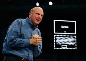 Microsoft CEO Steve Ballmer shows the new tablet called Surface during a news conference at Milk Studios on June 18, 2012 in Los Angeles, California. The new Surface tablet has a 10.6 inch screen complete with cover that contains a full multitouch keyboard. (Photo by Kevork Djansezian/Getty Images)