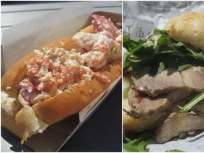 (L) Lobster Roll at Lobster Box (R) Porchetta Sandwich at Porchetta Box (photo by Erika David)