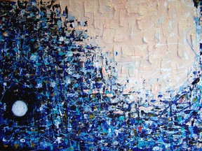 "Escaping From Safety" (2012) by Montreal painter Julian Cargnello, mixed media on canvas, 24'' x 36''.  Part of The Blue Hour series in the Chronologics exhibit at the Montreal Art Centre in Griffintown from July 5 to 11 (All photos and visuals courtesy Julian Cargnello)