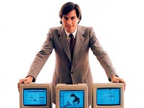 Stevfe Jobs shows off the first Macs, circa 1984