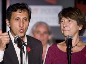 Quebec Solidaire joint leaders Amir Khadir and Francoise David speak during the launch of their provincial election campaign in Montreal, Wednesday, August 1, 2012. THE CANADIAN PRESS/Graham Hughes
