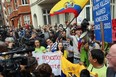 Protesters and media gather outside the Ecuadoran Embassy, where Julian Assange, founder of Wikileaks is staying on August 16, 2012 in London, England. Mr Assange has been living inside Ecuador's London embassy since June 19, 2012 after requesting political asylum whilst facing extradition to Sweden to face allegations of sexual assault.  (Dan Kitwood/Getty Images)