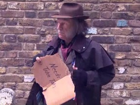 Actor Patrick Stewart, Sir Patrick Stewart, strictly speaking, takes his acting skills to the streets of London to impersonate an Olympics ticket scalper trying to cheat tourists. Screen grab from Funny or Die video. Watch the video at the bottom of this post.