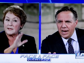 The debate between PQ leader Pauline Marois and CAQ leader Francois Legault was acrimonious, occasionally bitter and extremely informative about how caribou - or Quebec - might go off the side of a cliff.  Video still  from LCN. (Pierre Obendrauf / THE GAZETTE)