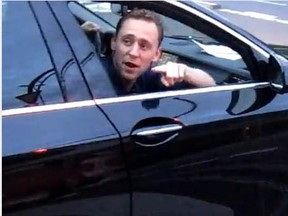 British actor Tom Hiddleston is driven away after meeting some fans in Cologne, Germany, in this screen grab from a YouTube video.