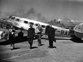 April 1, 1939, marks the inauguration of scheduled transnational passenger service between Montreal and Vancouver, with stops in Ottawa, North Bay, Kapuskasing, Winnipeg, Regina and Lethbridge. The flight takes 15 hours. Passengers here are deplaning in Vancouver. (All photos Air Canada Archives, courtesy Air Canada)