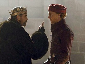 Henry IV, played by Jeremy Irons, left, berates his son Prince Hal, played by Tom Hiddleston, in Shakespeare's Henry IV, Part 1.                                 BBC TV